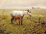 Alfred Von Kowalski Wierusz Canvas Paintings - A Mare and her Foal in a Landscape